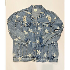 Blue Buttercup Star Print Distressed Denim Jacket Women’s Small USA